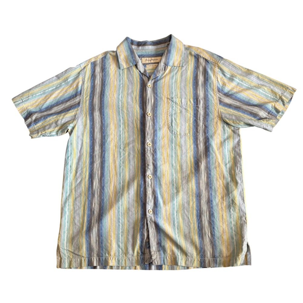 Tommy Bahama Mens Large Silk Cotton Striped Short Sleeve Button Down‎ Shirt Blue